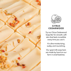 Pretty farm girl soap placed near citrus and cedarwood for ingredient clarity benefit