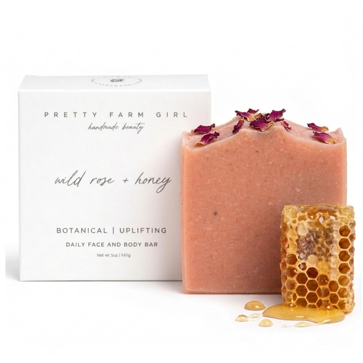 Pretty farm girl front packaging showing floral label and natural soap benefits