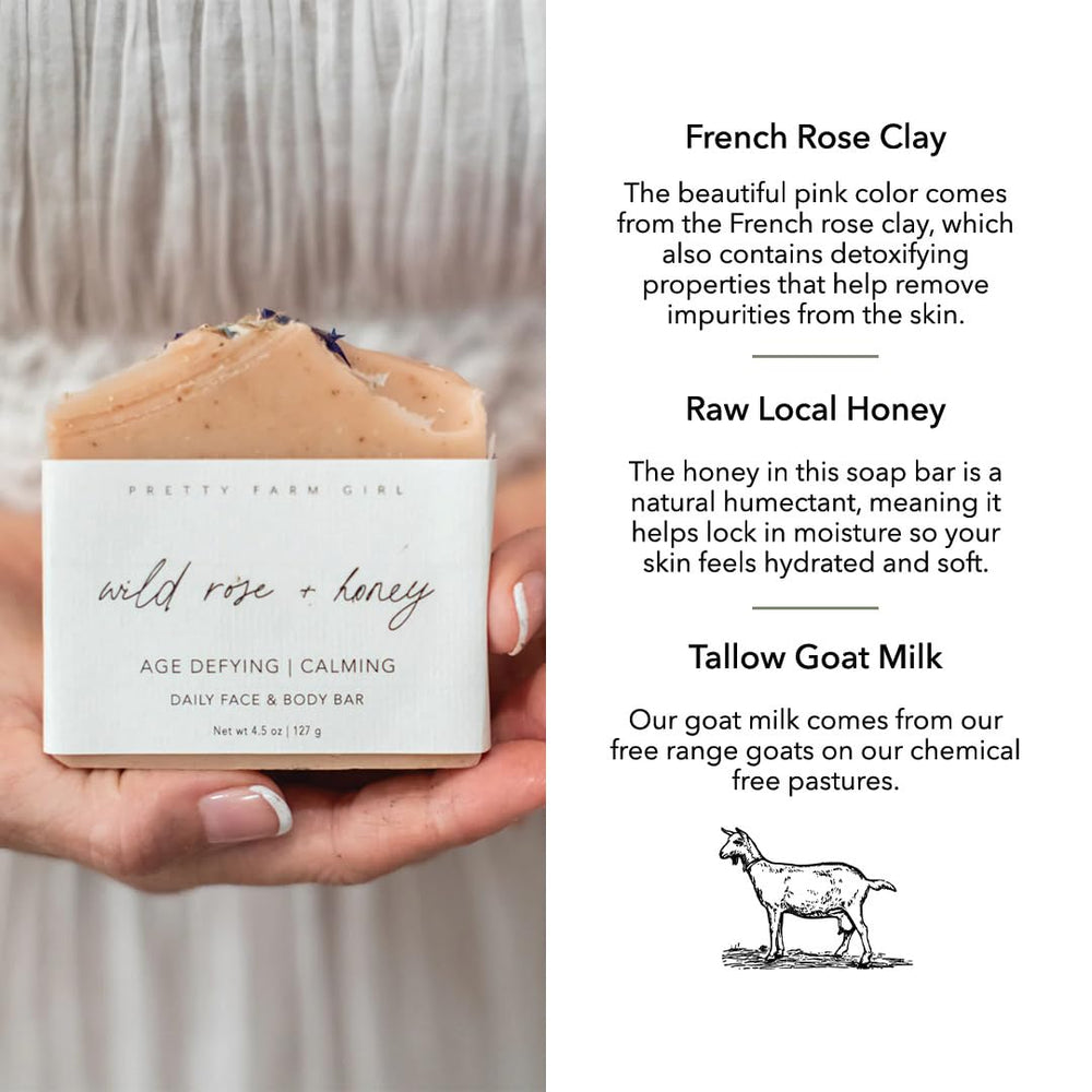 Pretty farm girl rich lather in hand demonstrating gentle moisturizing foam