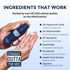 Prettyboy ingredient panel label highlighting niacinamide and hyaluronic acid