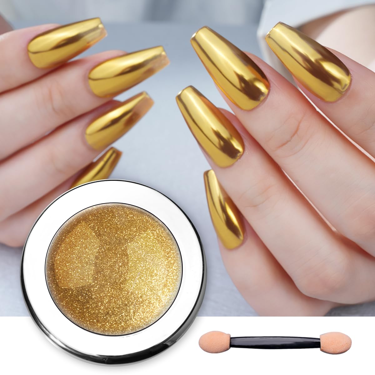 PrettyDiva jar front view showing gold chrome powder and label for clear identification and appeal