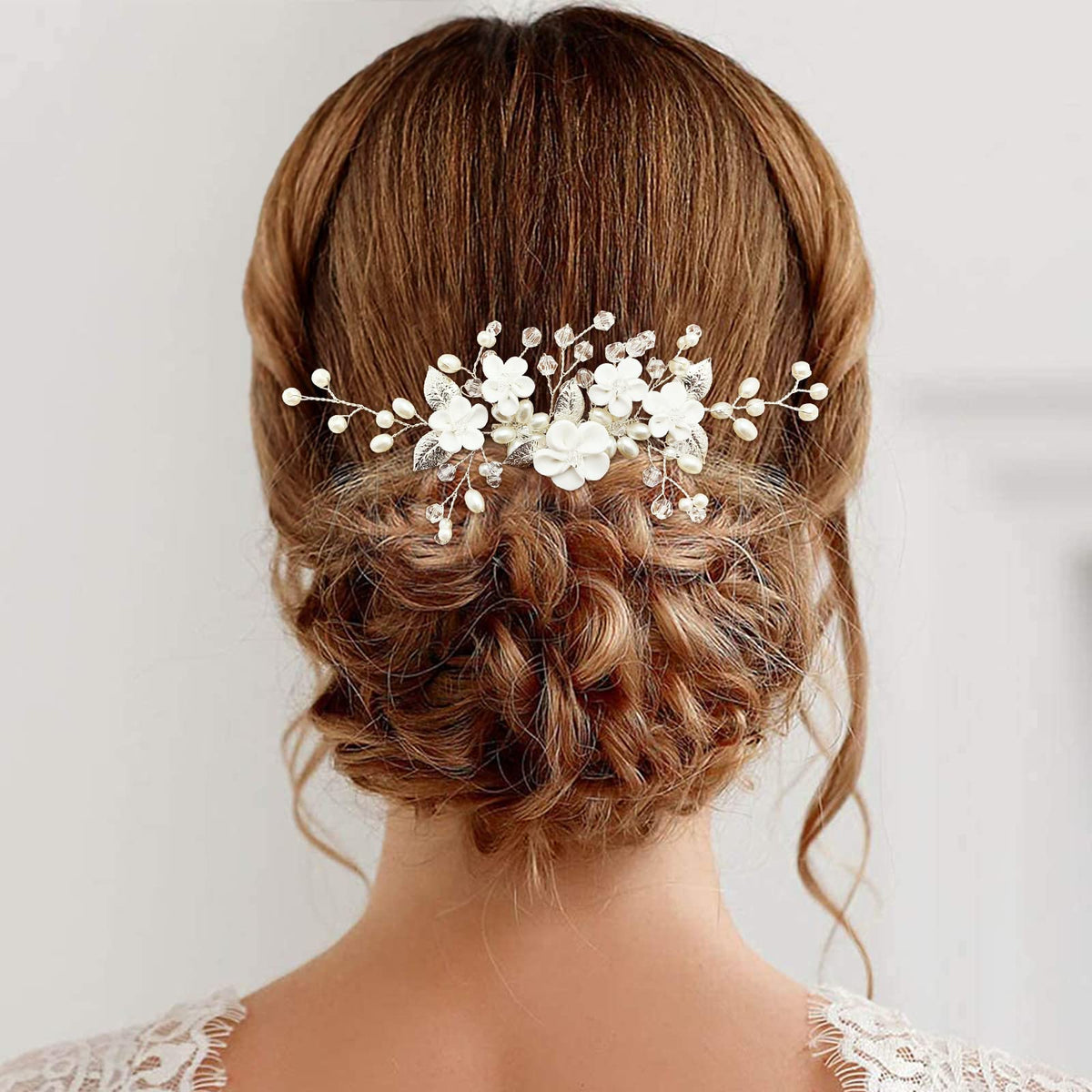 PrettyLife bridal hair vine front view shows floral design and elegant shine