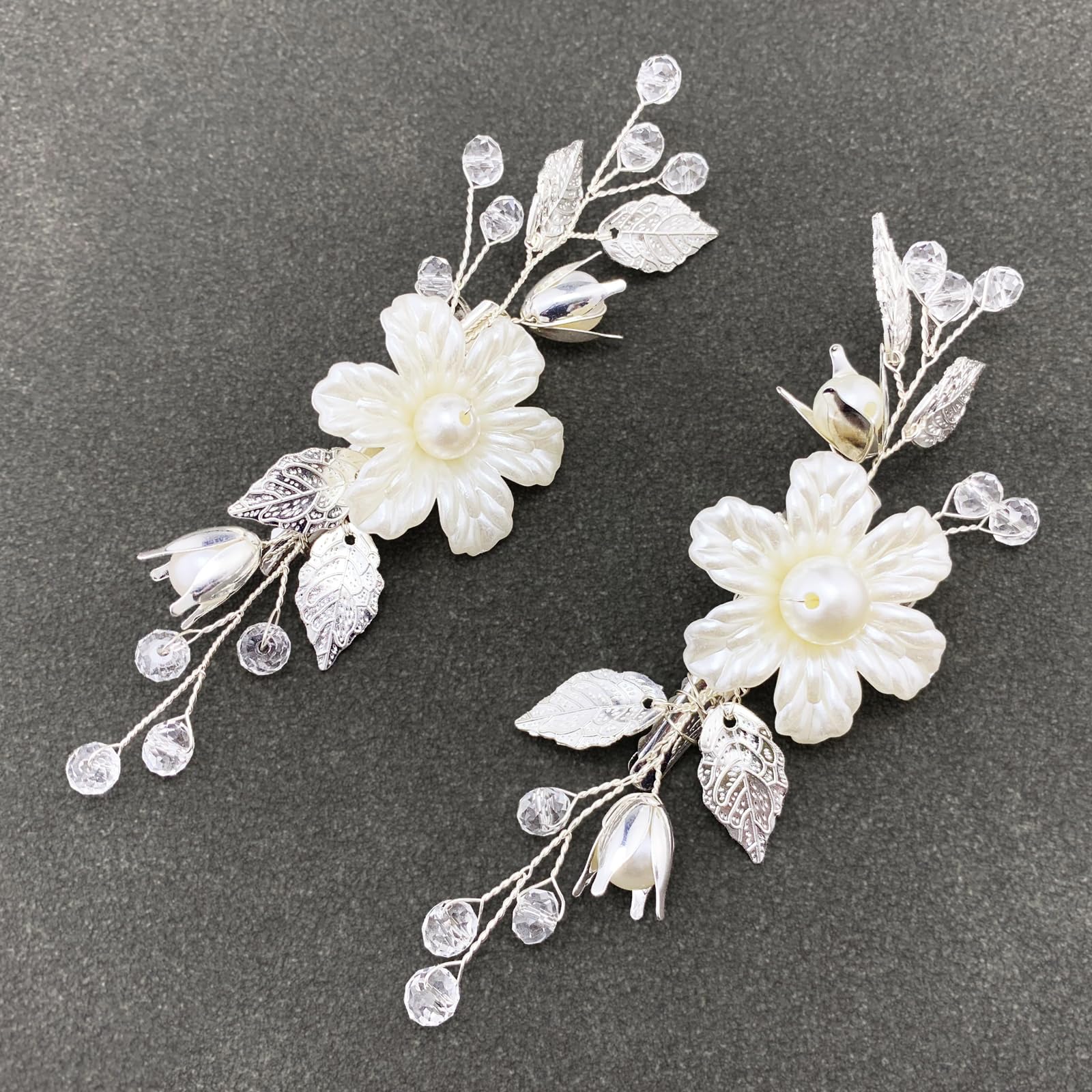 PRETTYLIFE front view of ivory pearl flower clips showing bridal elegance