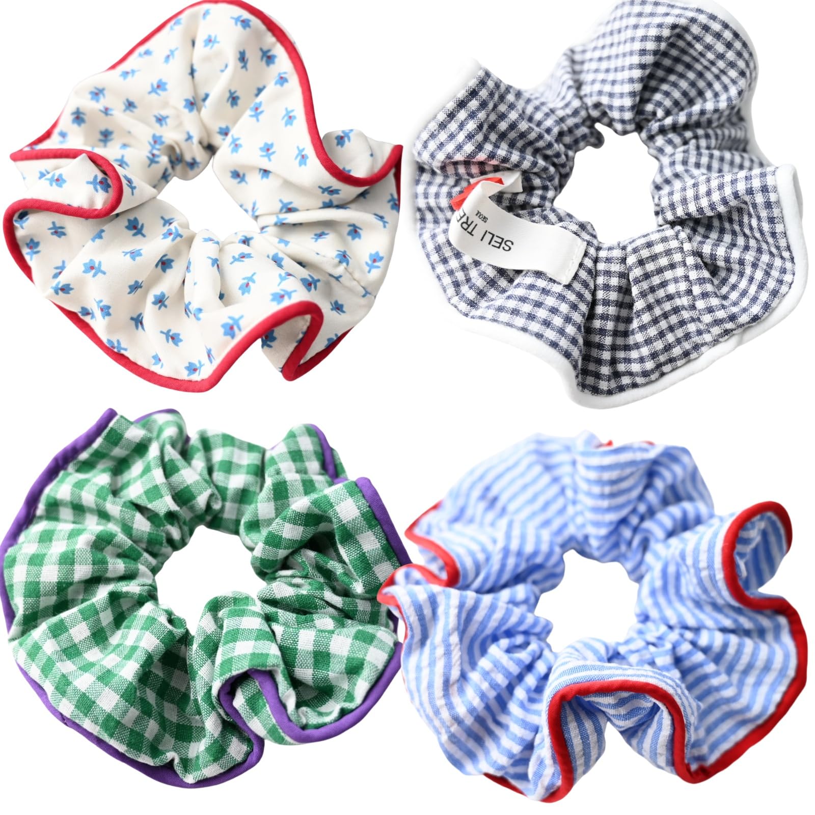 Prettyou front pack of four scrunchies showing all patterns and colors for quick styling