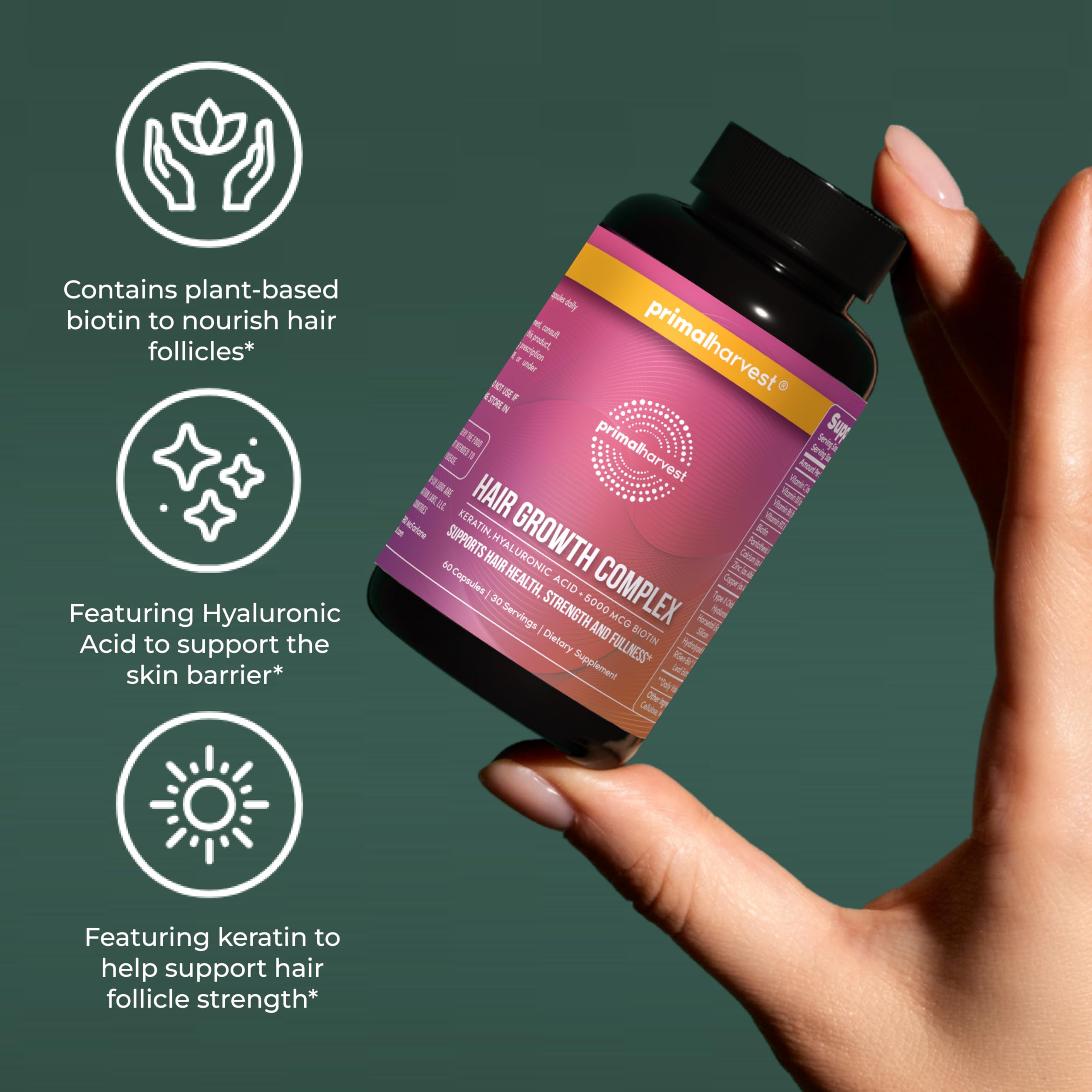 Primal Harvest supplement bottle shown on vanity next to hairbrush for routine