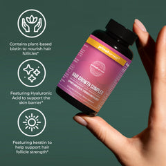 Primal Harvest supplement bottle shown on vanity next to hairbrush for routine
