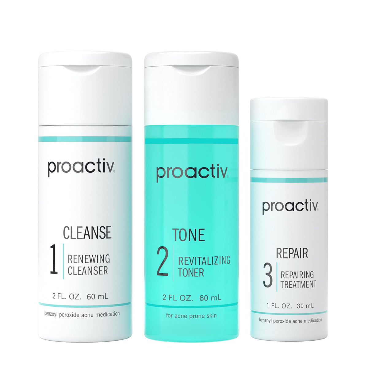 Proactiv front packaging showing complete 3-step kit and clear product names for routine