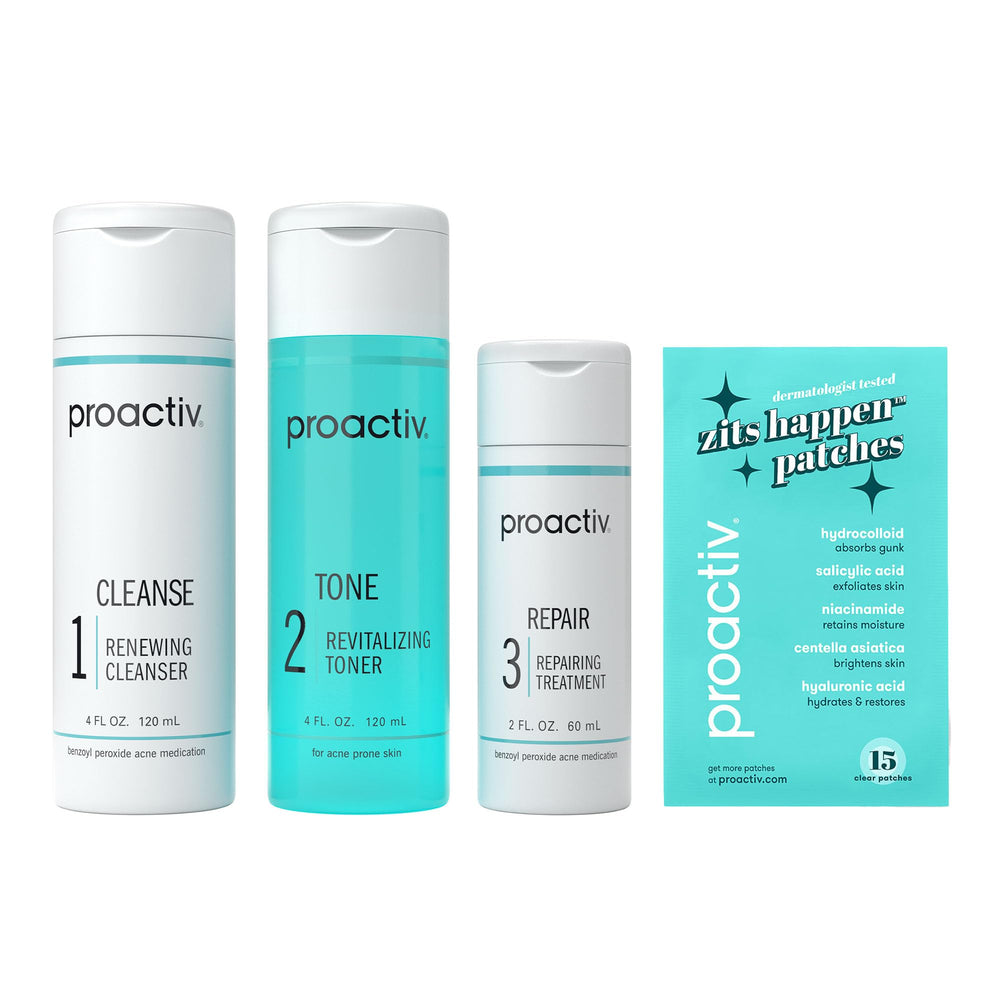 Proactiv kit front packaging shows complete 3-step system benefits
