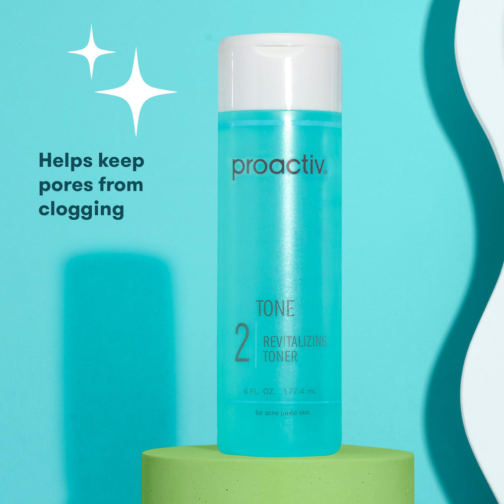 Proactiv toner on bathroom shelf in routine setting to imply daily skincare convenience