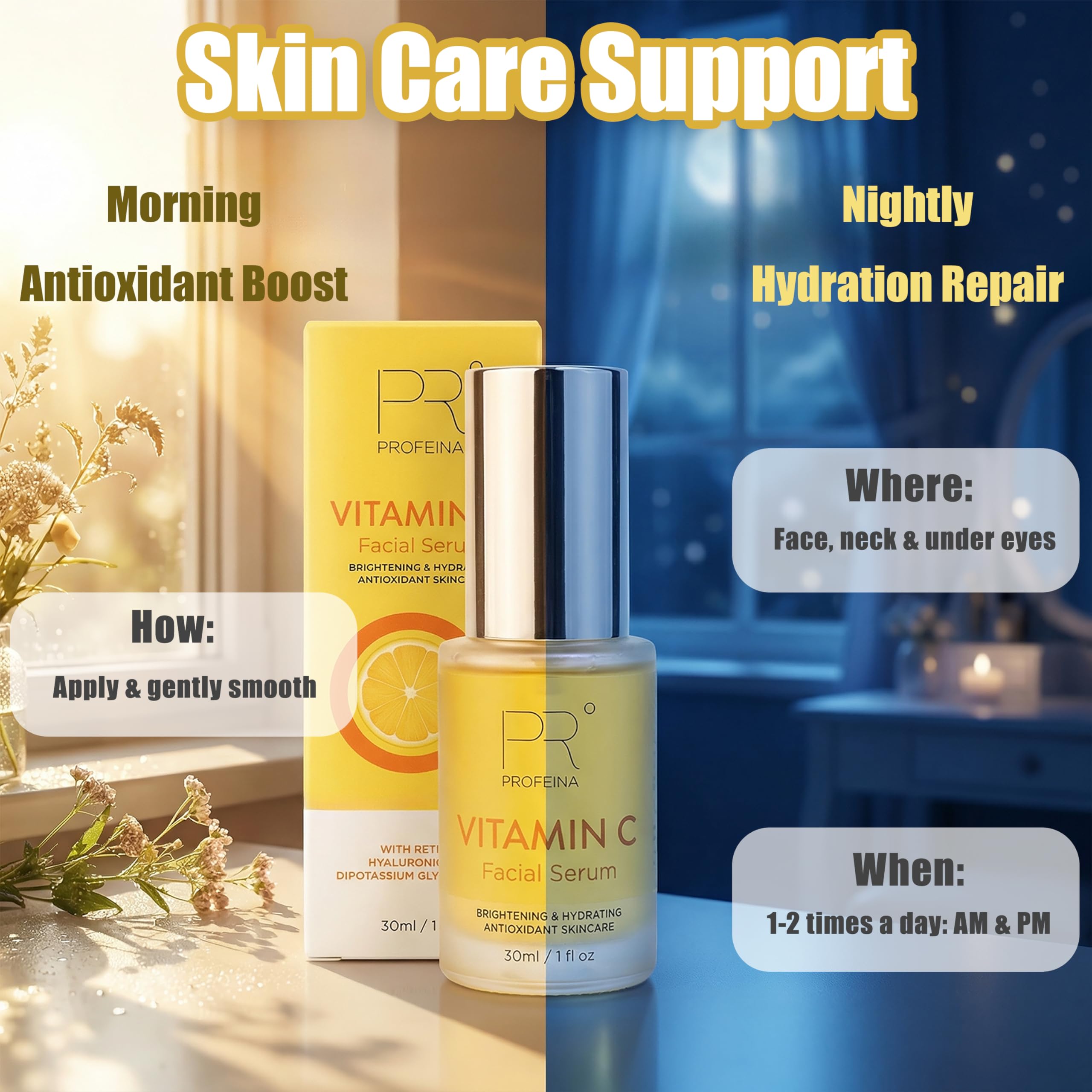 PROFEINA label closeup listing Vitamin C, retinol, and ectoine benefits