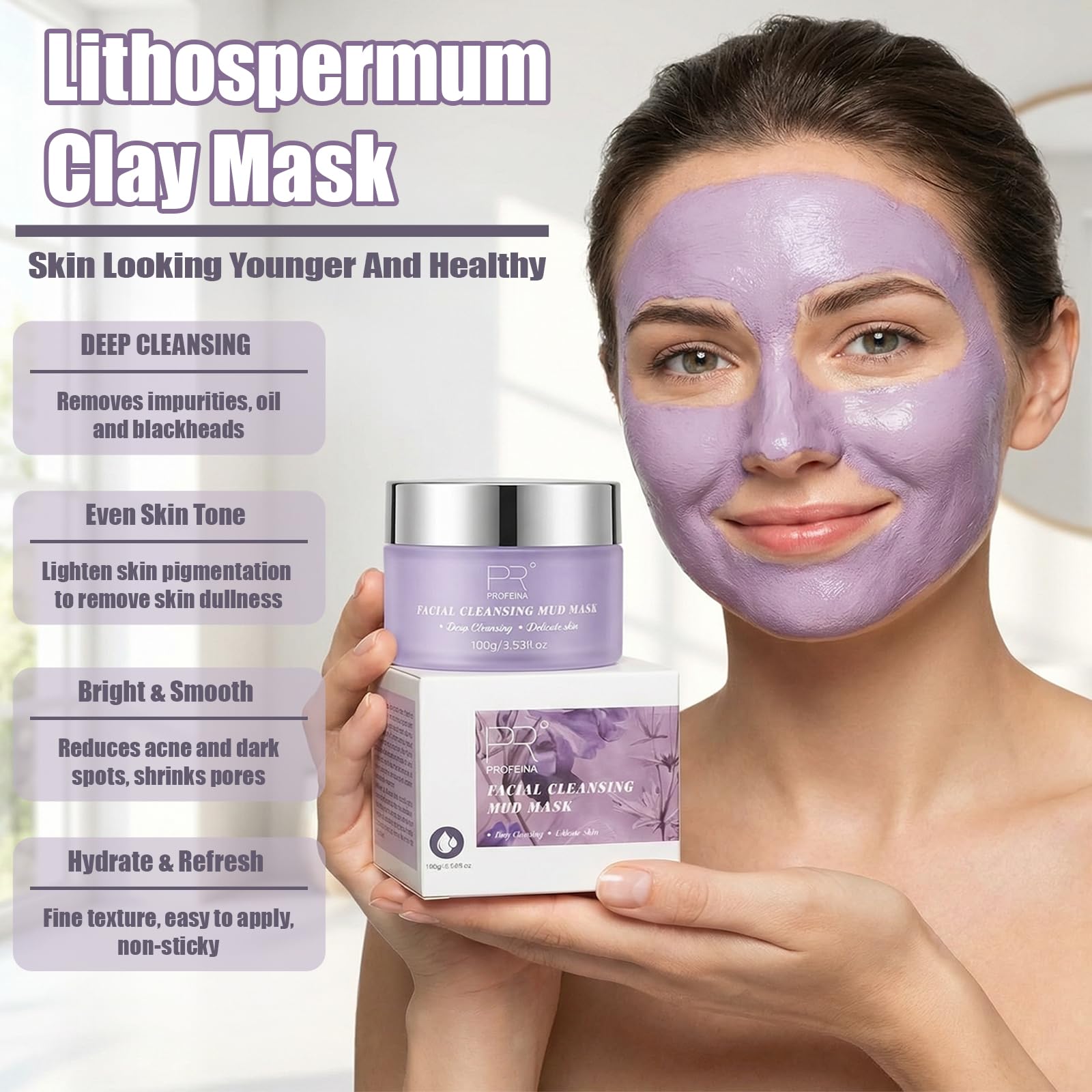 PROFEINA opened jar filled with mud mask showing creamy, non-drying consistency