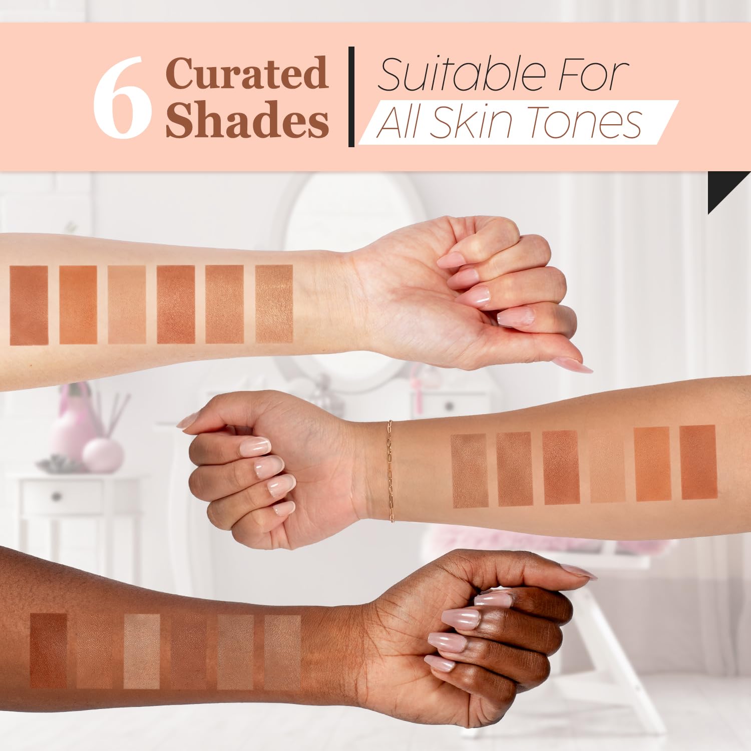 Profusion arm swatches of six shades showing buildable coverage and range