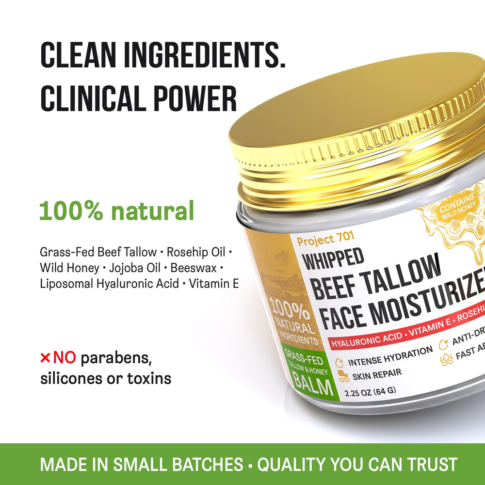 PROJECT 701 raw ingredients display with manuka honey and rosehip benefits