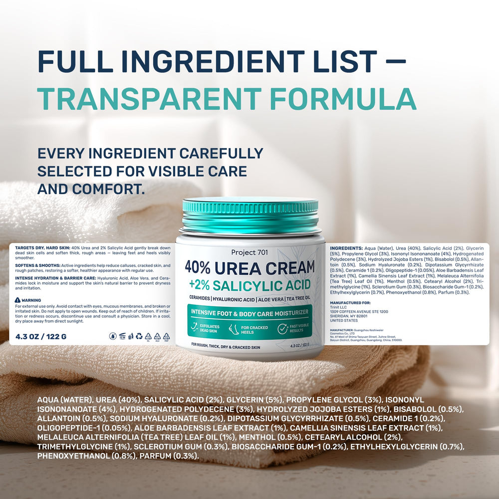 PROJECT 701 ingredients label close-up showing active urea and salicylic acid