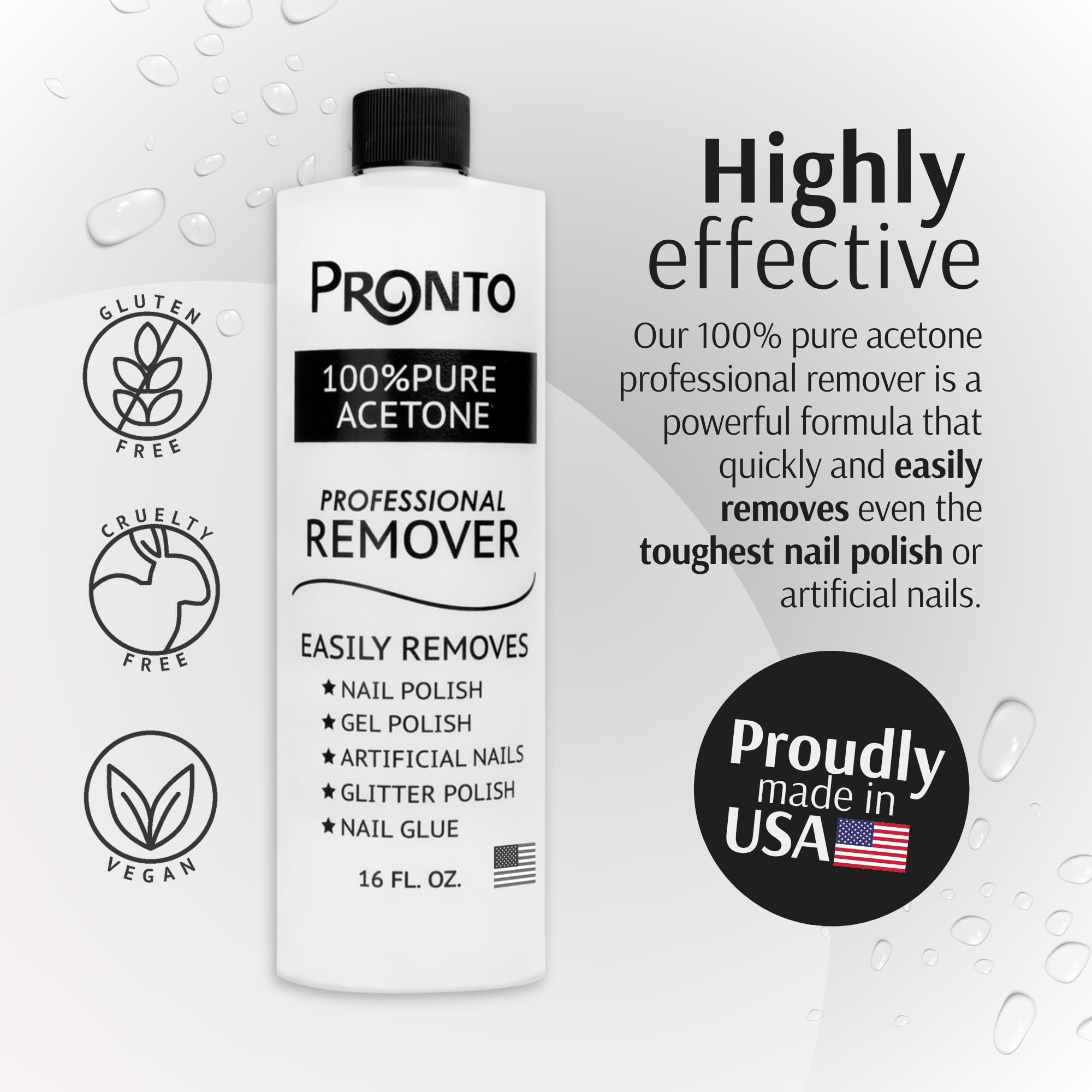 Pronto pouring stream of acetone demonstrating quick, controlled dispensing benefit