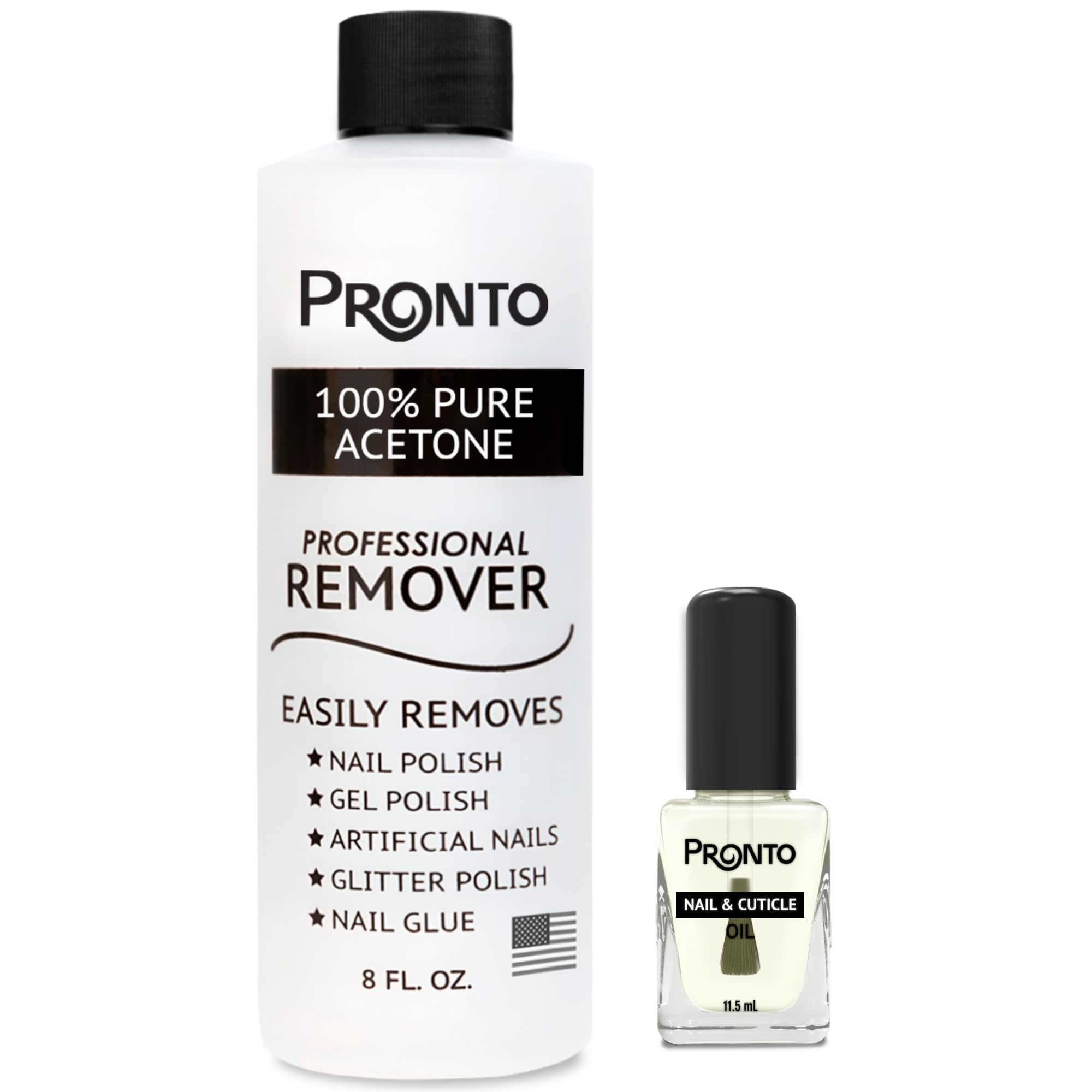 Pronto front view of acetone bottle and cuticle oil showcasing professional duo benefit