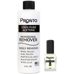 Pronto front view of acetone bottle and cuticle oil showcasing professional duo benefit