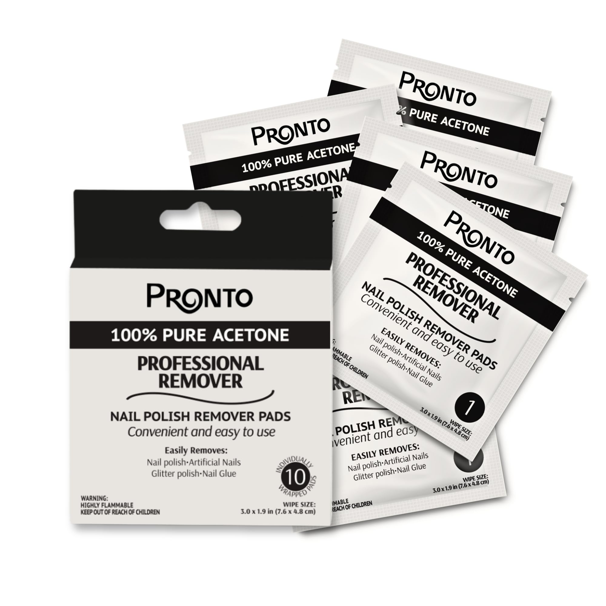 Pronto front packaging showing 10 individually wrapped acetone pads, fast removal benefit