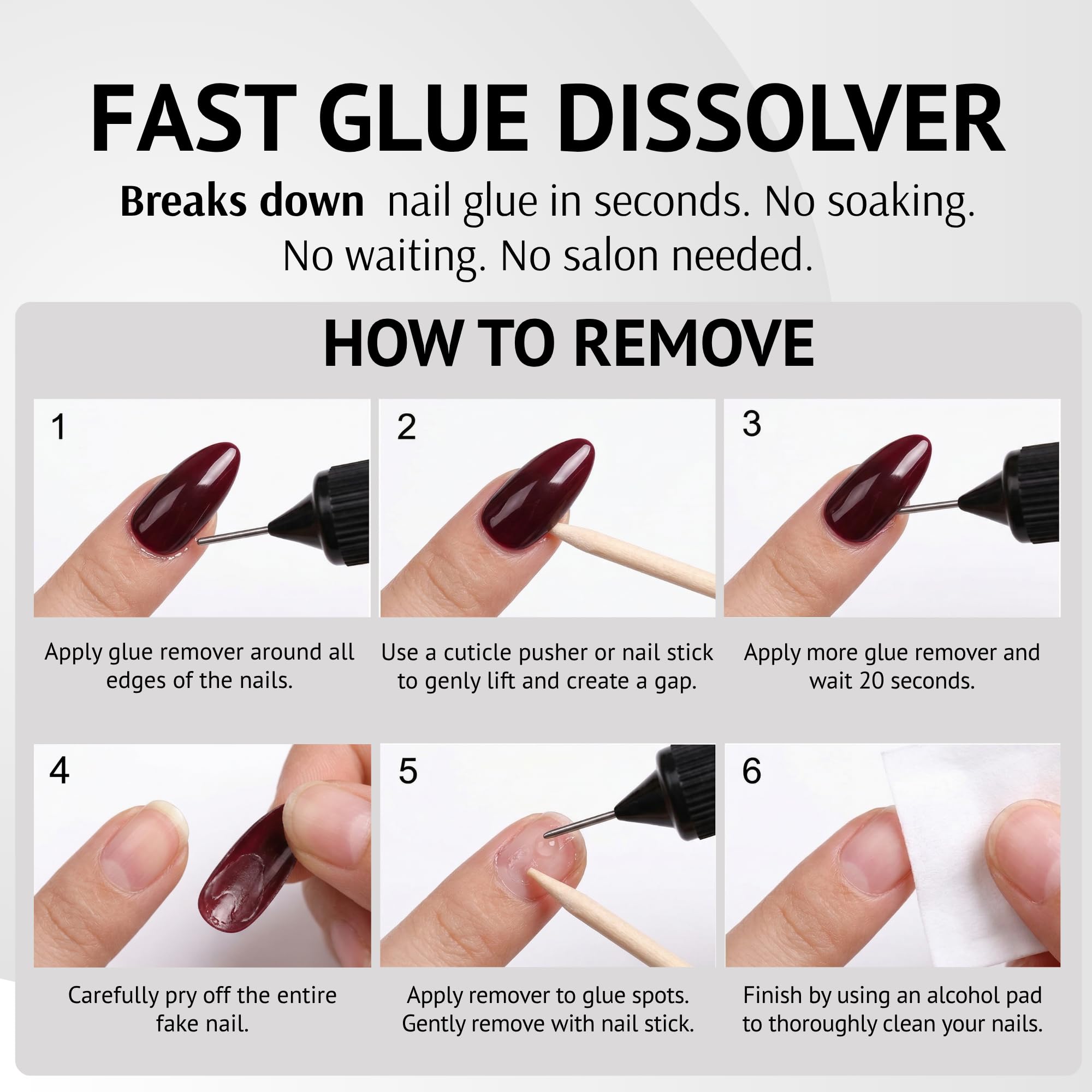Pronto in use removing a press-on nail to demonstrate safe targeted adhesive loosening