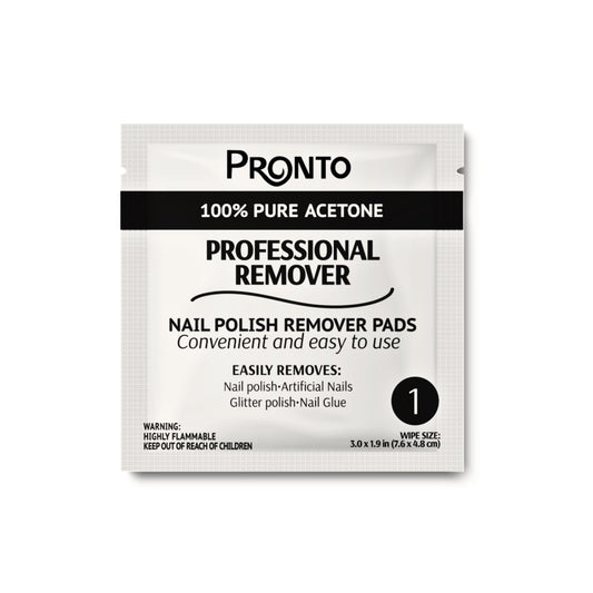 Pronto single wipe close-up texture soaked in pure acetone, efficient polish breakdown