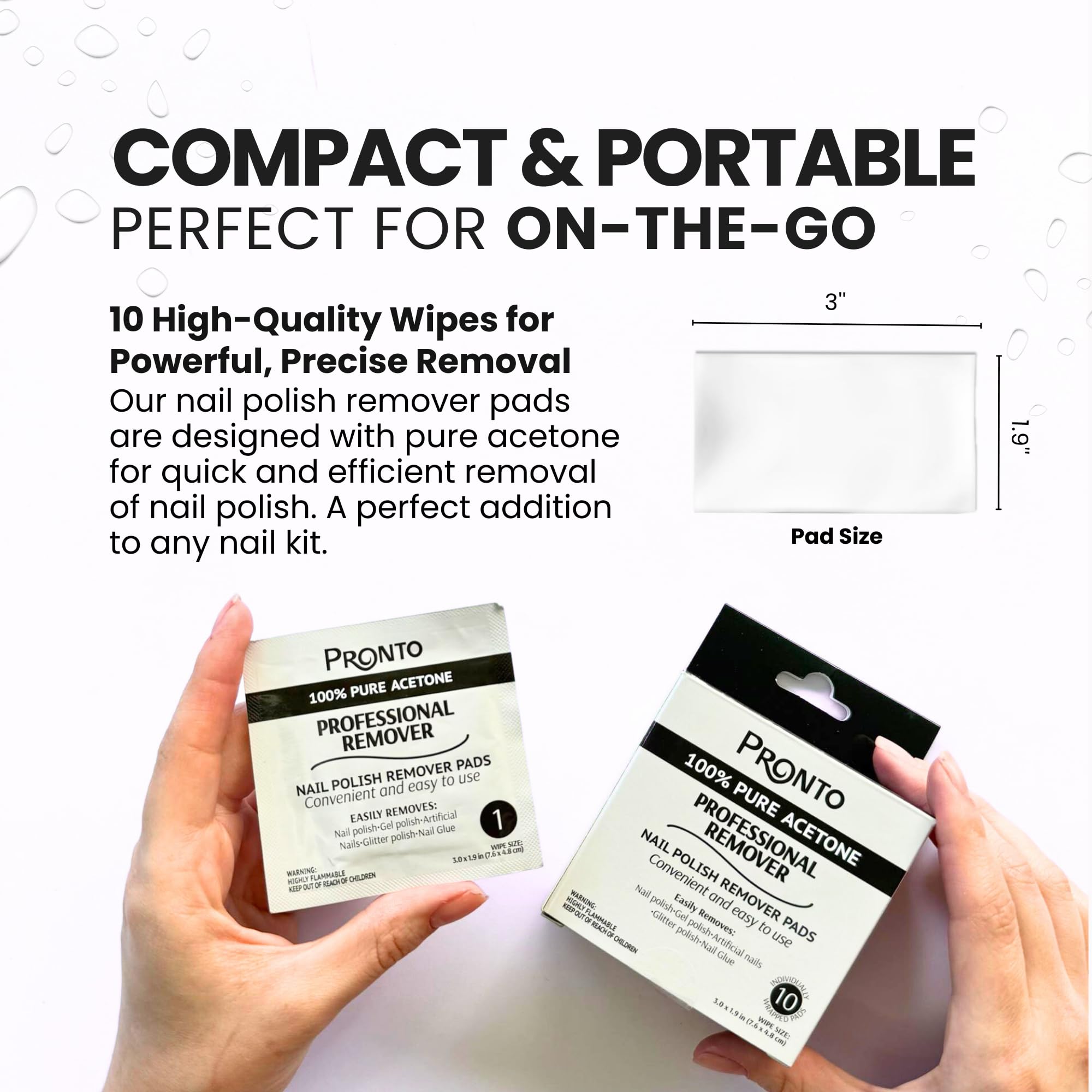 Pronto wipe in hand demonstrating compact portability and easy application benefit