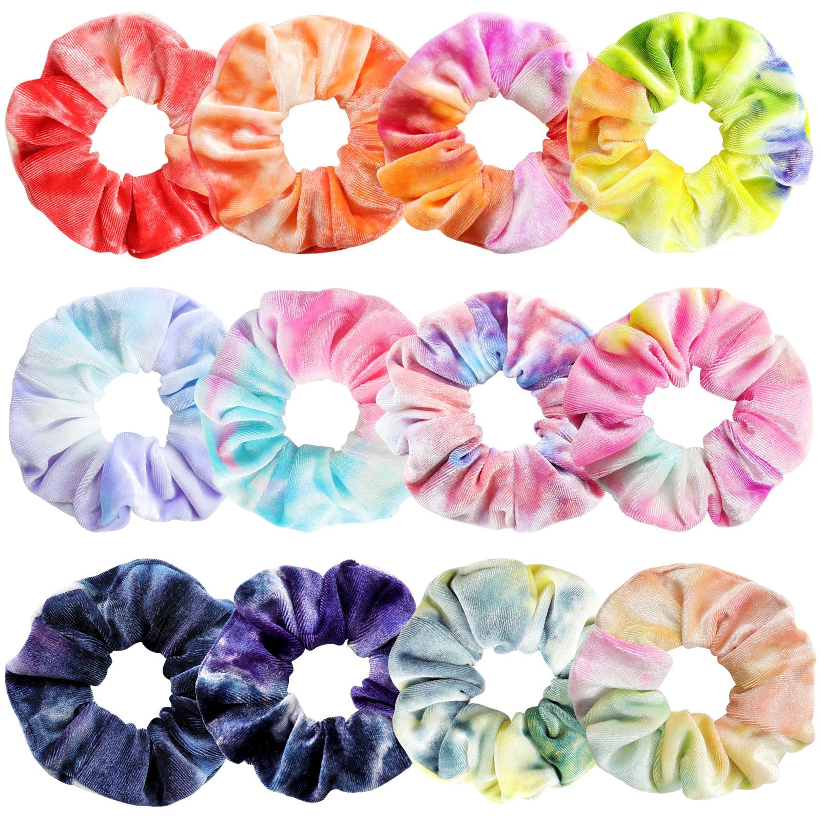 PROPOG front view of 12 velvet scrunchies showcasing color variety and packaging benefit