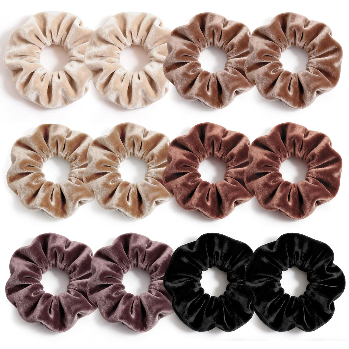 PROPOG velvet scrunchies pack front view shows neutral brown tones and neat bundle benefit