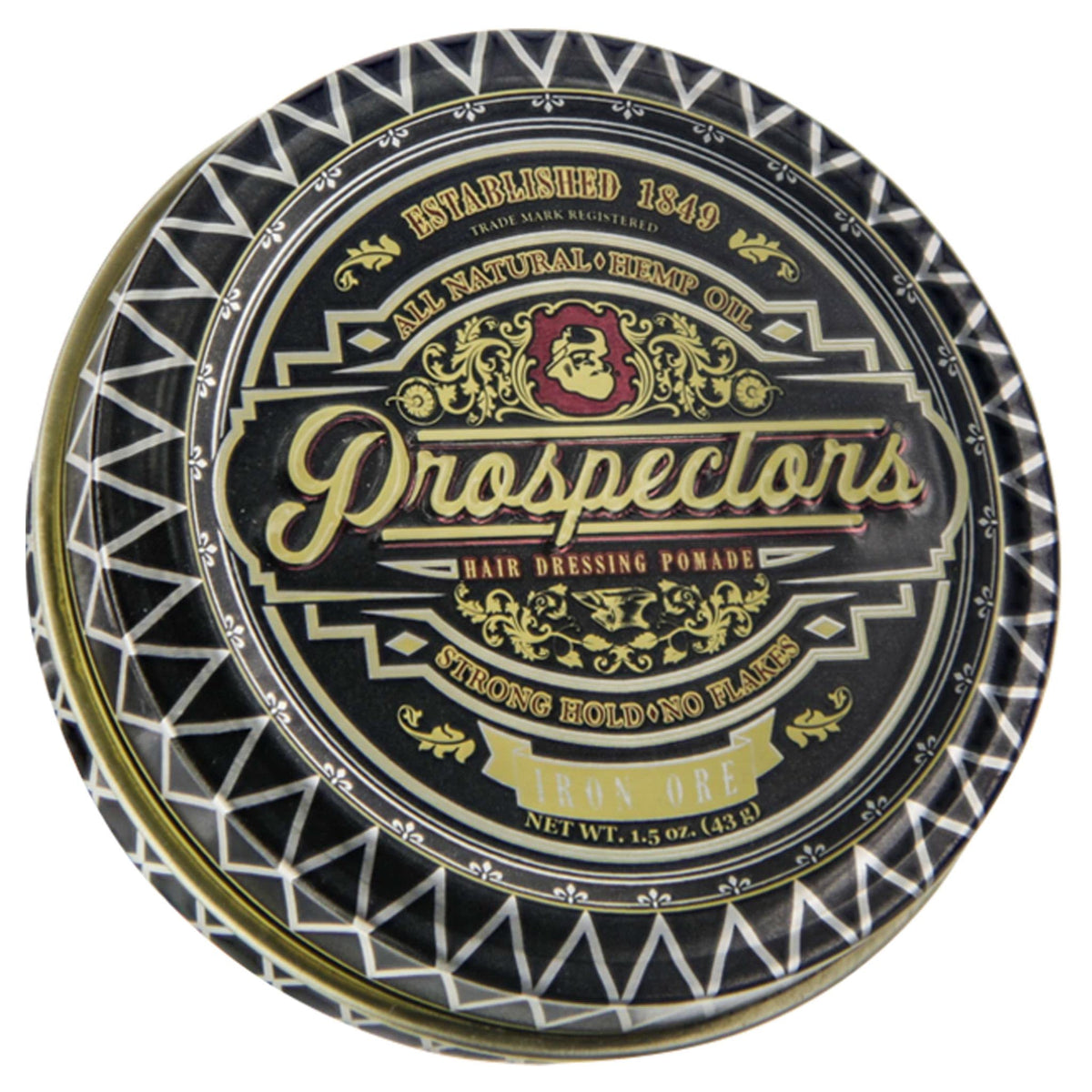 PROSPECTORS Iron Ore front tin showing label and compact travel size benefit