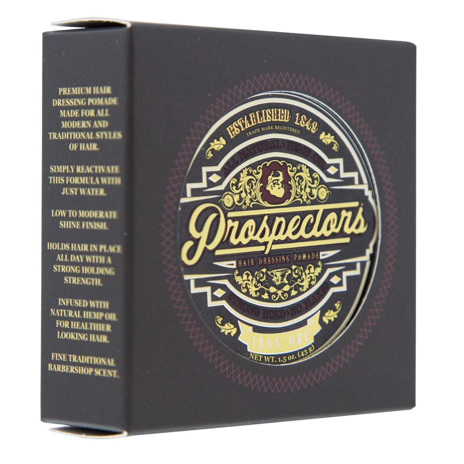 PROSPECTORS Iron Ore side profile tin highlighting sturdy packaging and portability