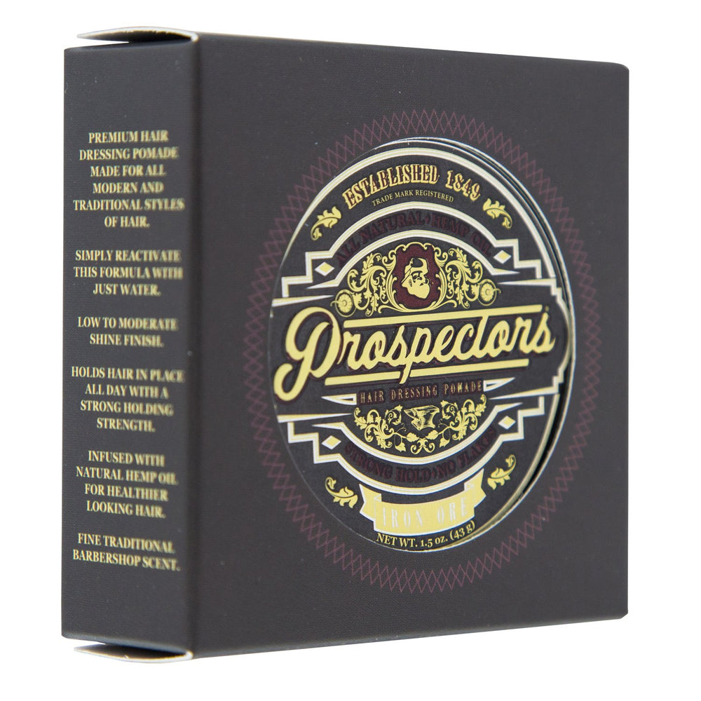 PROSPECTORS Iron Ore side profile tin highlighting sturdy packaging and portability