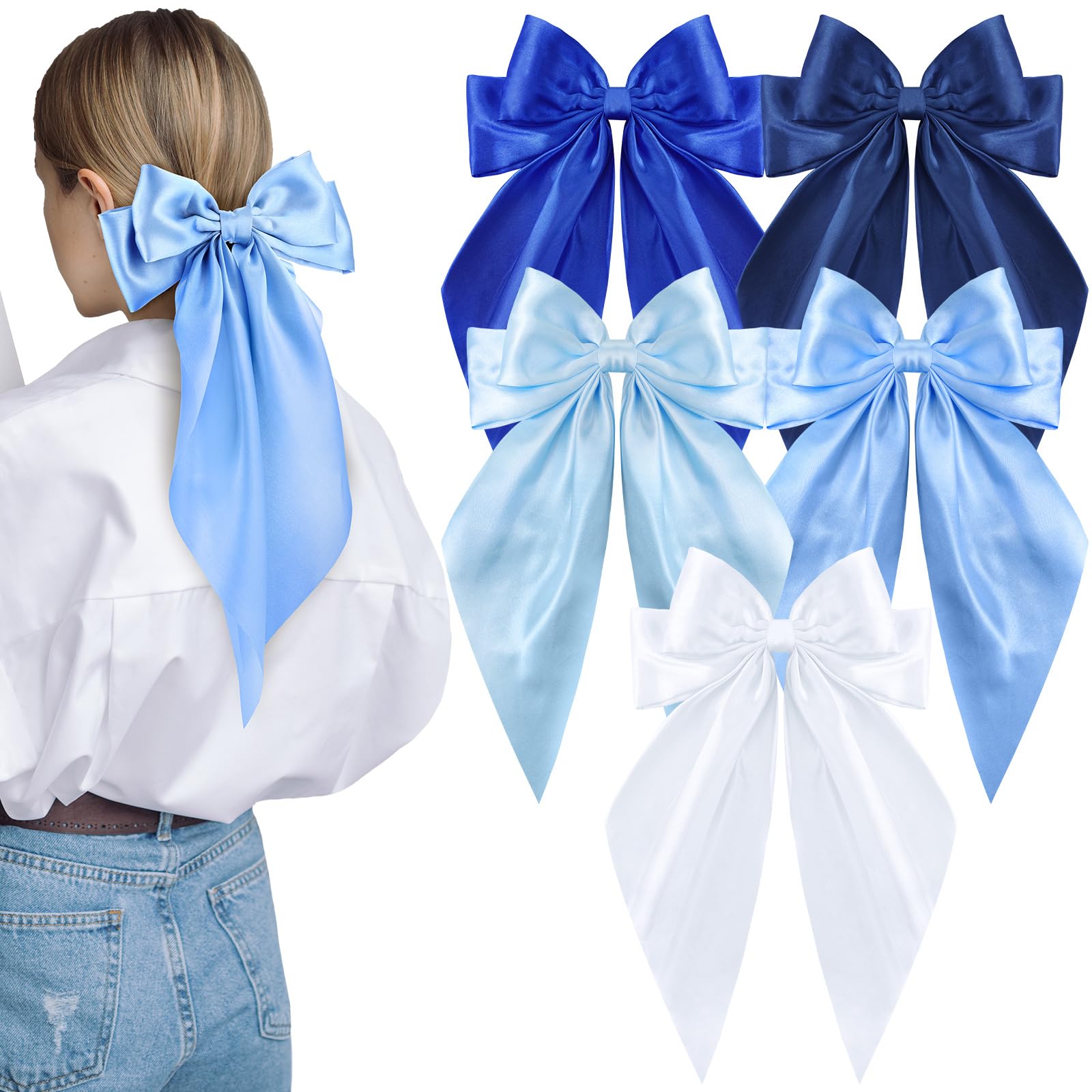 ProSuites front view of five blue satin bows showing color variety and neat finishes, stylish accessory