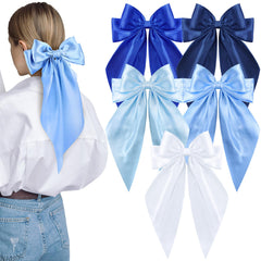 ProSuites front view of five blue satin bows showing color variety and neat finishes, stylish accessory