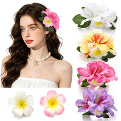 ProSuites front view of packaged plumeria hair clips showing colorful set and box protection