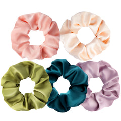 PTSHOW silk scrunchie front packaging shows set of five and gift-ready look