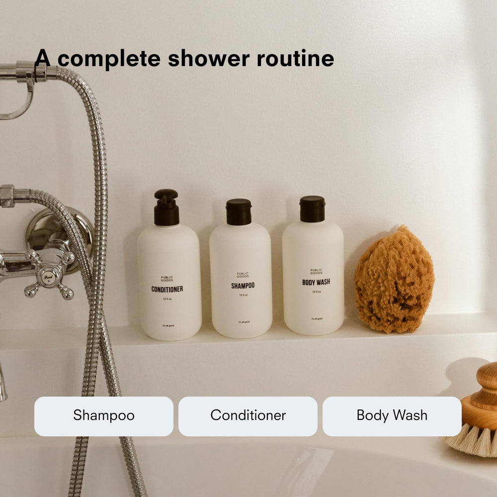 Public Goods body wash being poured into hand for gentle cleansing benefit