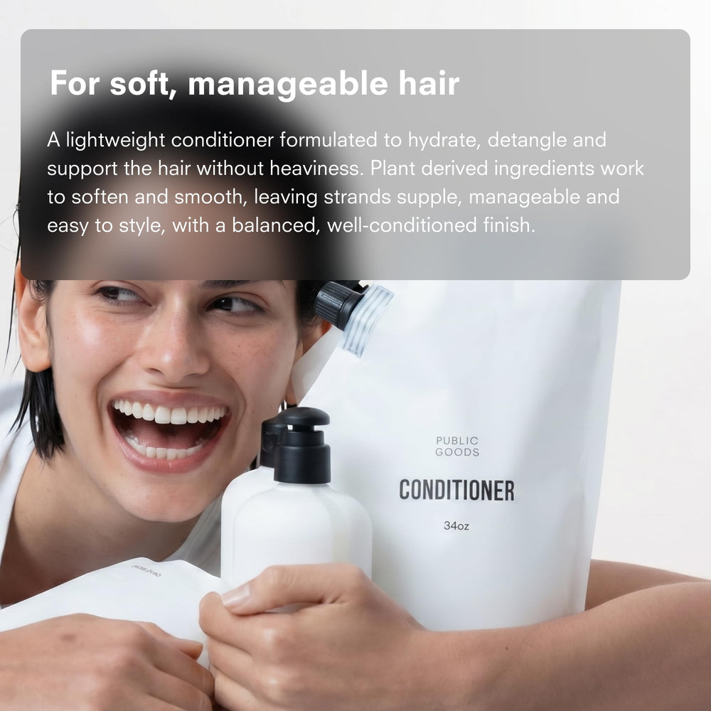 Public Goods conditioner staged in bathroom showing everyday use and minimalist aesthetic