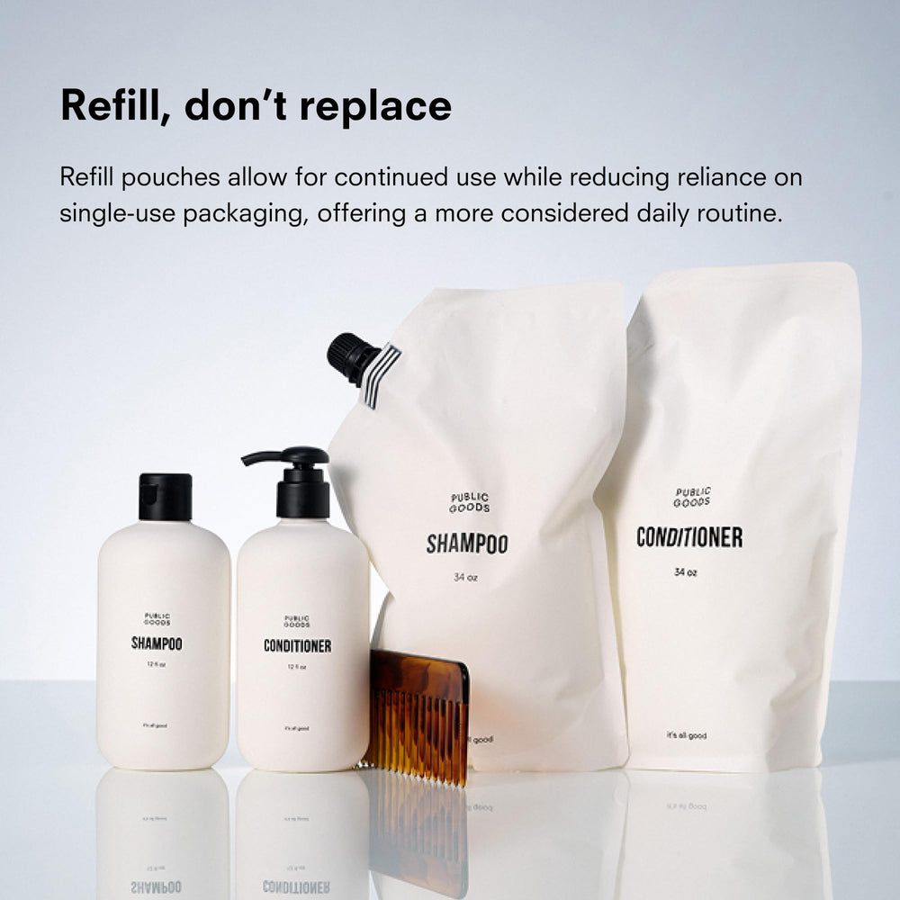 Public Goods shampoo in bathroom setting promoting sustainable routine benefit
