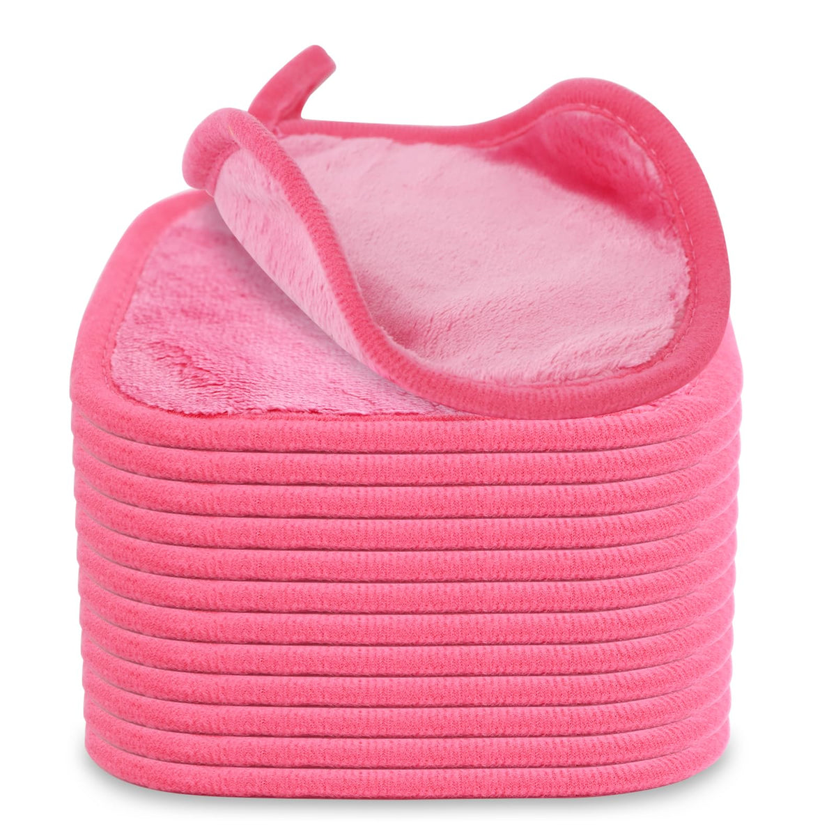 Puomue front view of twelve rose red cloths showing compact pack and color benefit