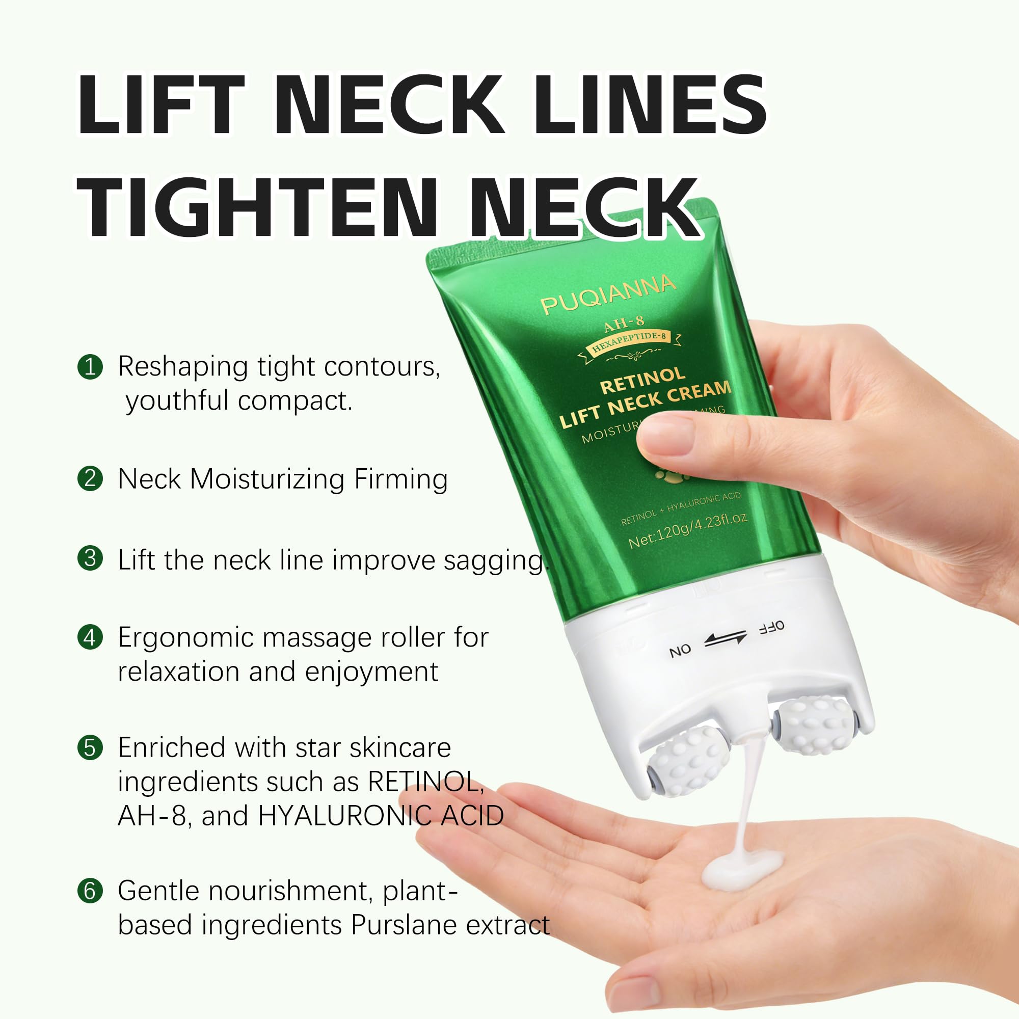 PUQIANNA applying cream to neck with roller for smoother, firmer-looking skin