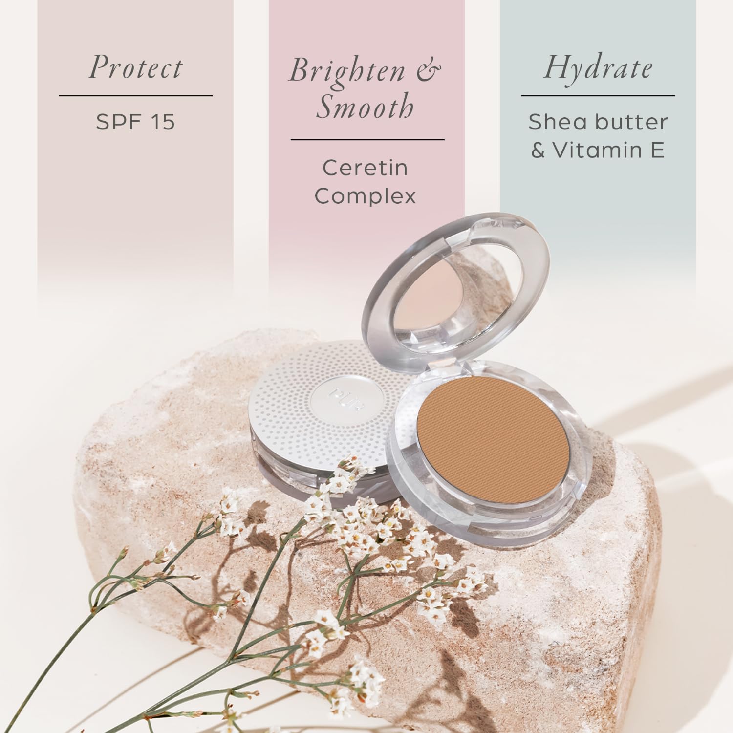 PÜR MINERALS brush applying powder demonstrating even coverage benefit