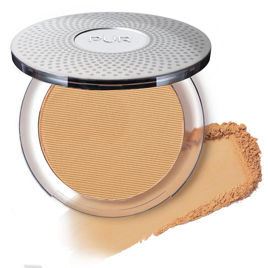 PÜR MINERALS compact front view showing sleek beige compact and logo for easy carrying