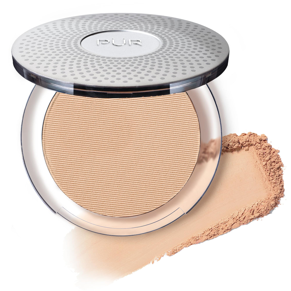 PÜR MINERALS compact front view showing linen shade and portable benefit