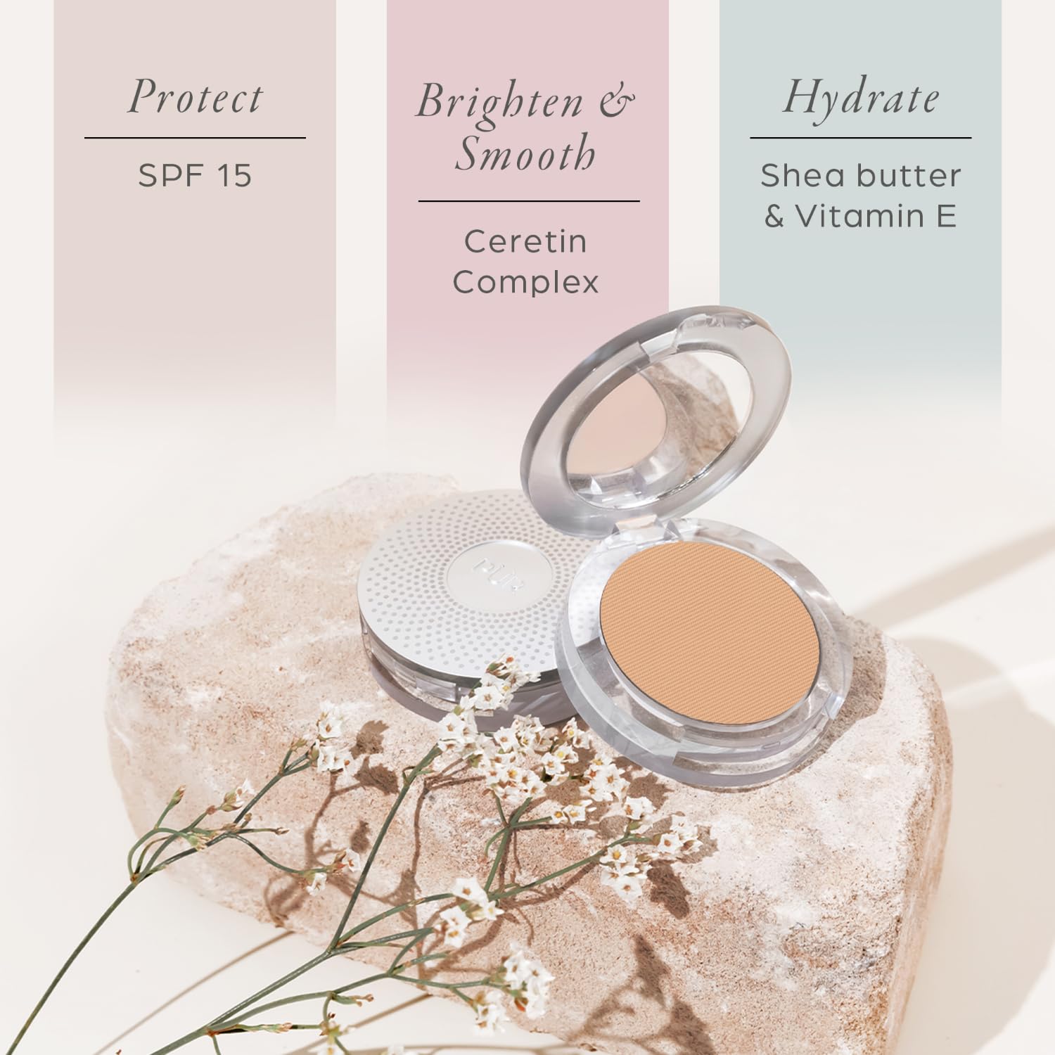 PÜR MINERALS compact held in hand demonstrating pocket-friendly scale and portability