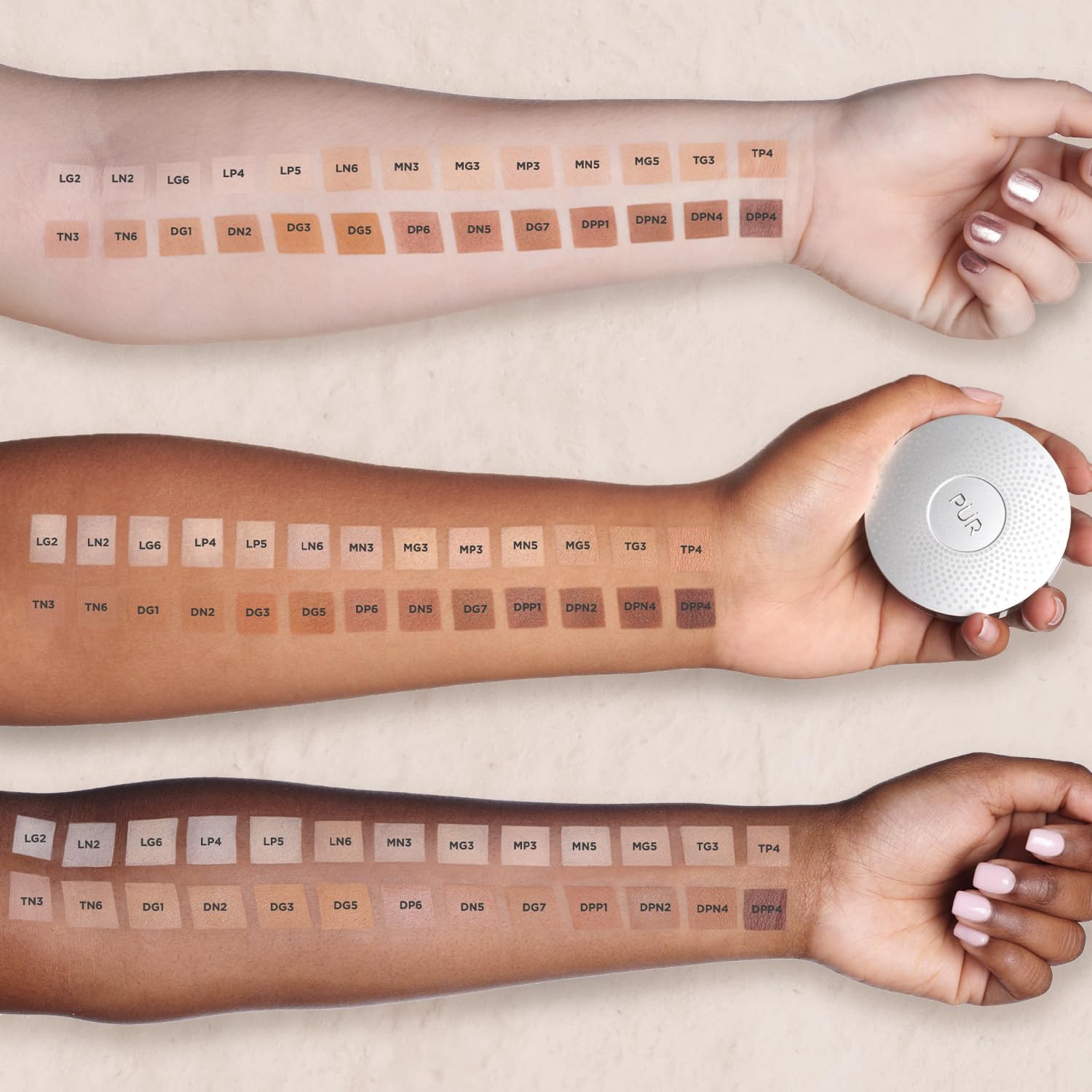 PÜR MINERALS compact in hand demonstrating size and travel convenience benefit