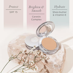 PÜR MINERALS compact label and ingredient list showing skincare benefits