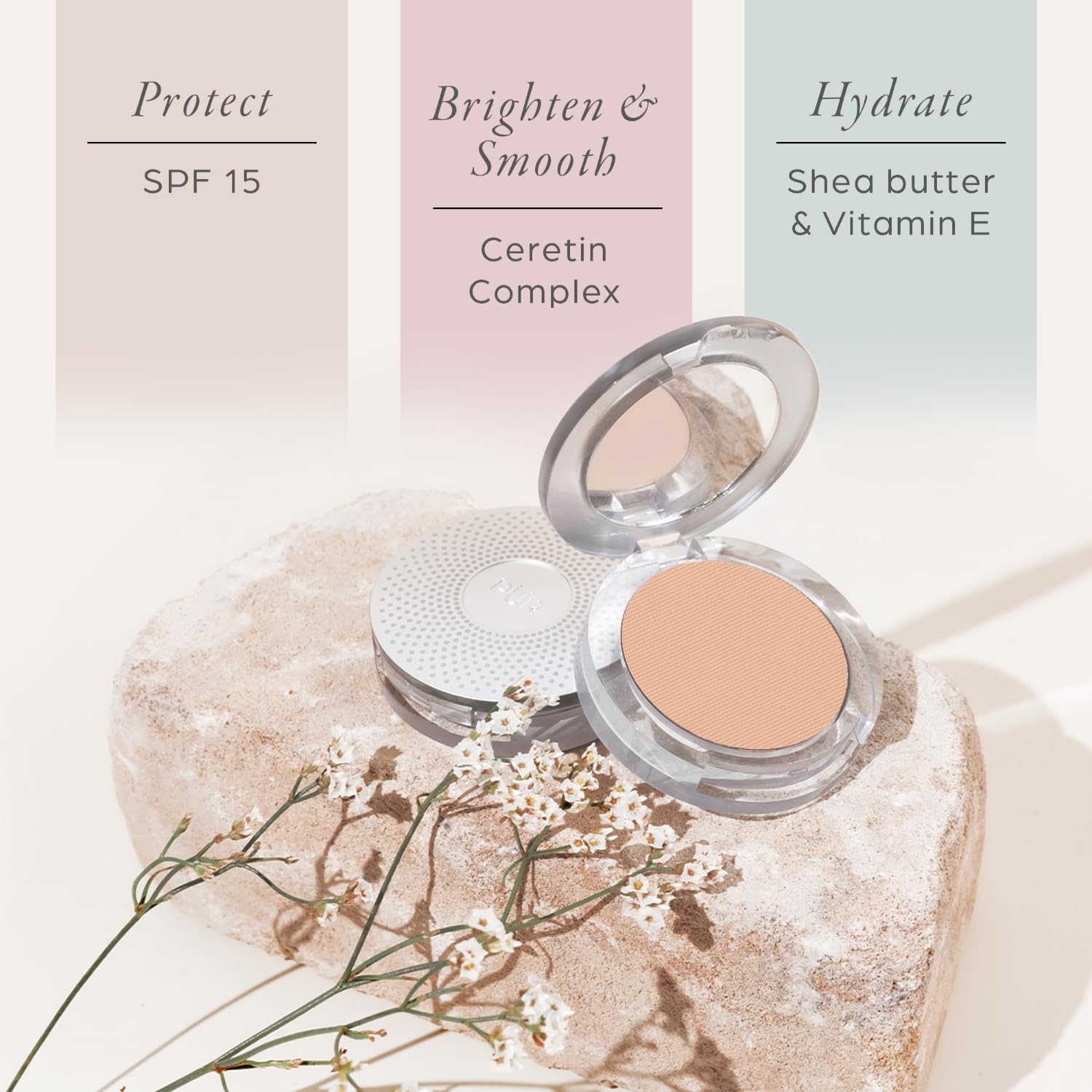 PÜR MINERALS compact open with mirror for quick touch-ups on the go