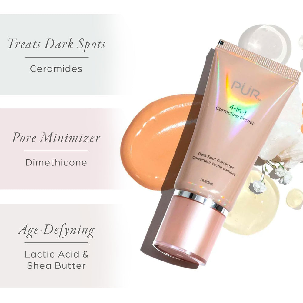 PÜR MINERALS primer 1 fl oz next to a coin for size and travel-friendly benefit