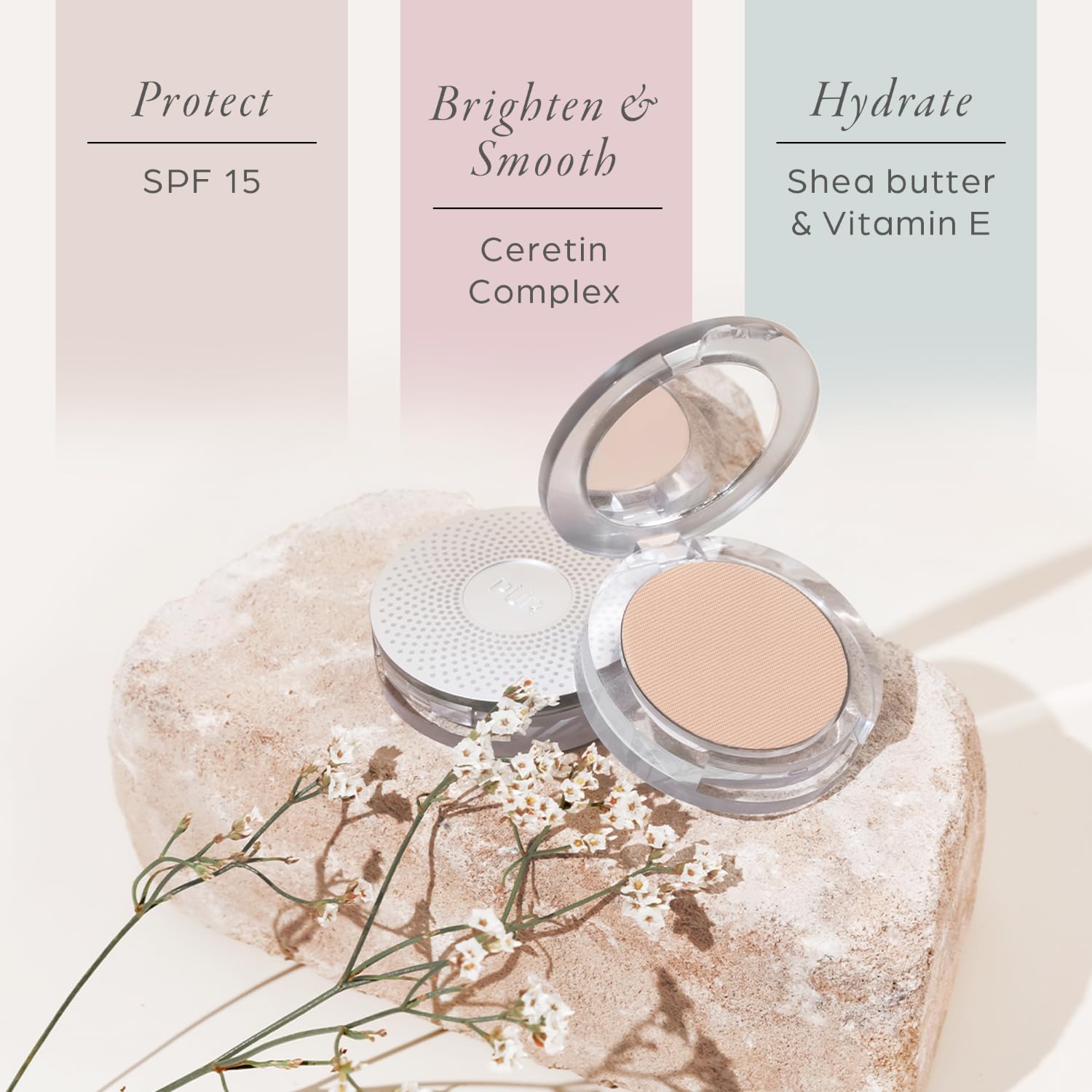 PÜR MINERALS swatch on forearm showing Ivory coverage and skin-evening benefit