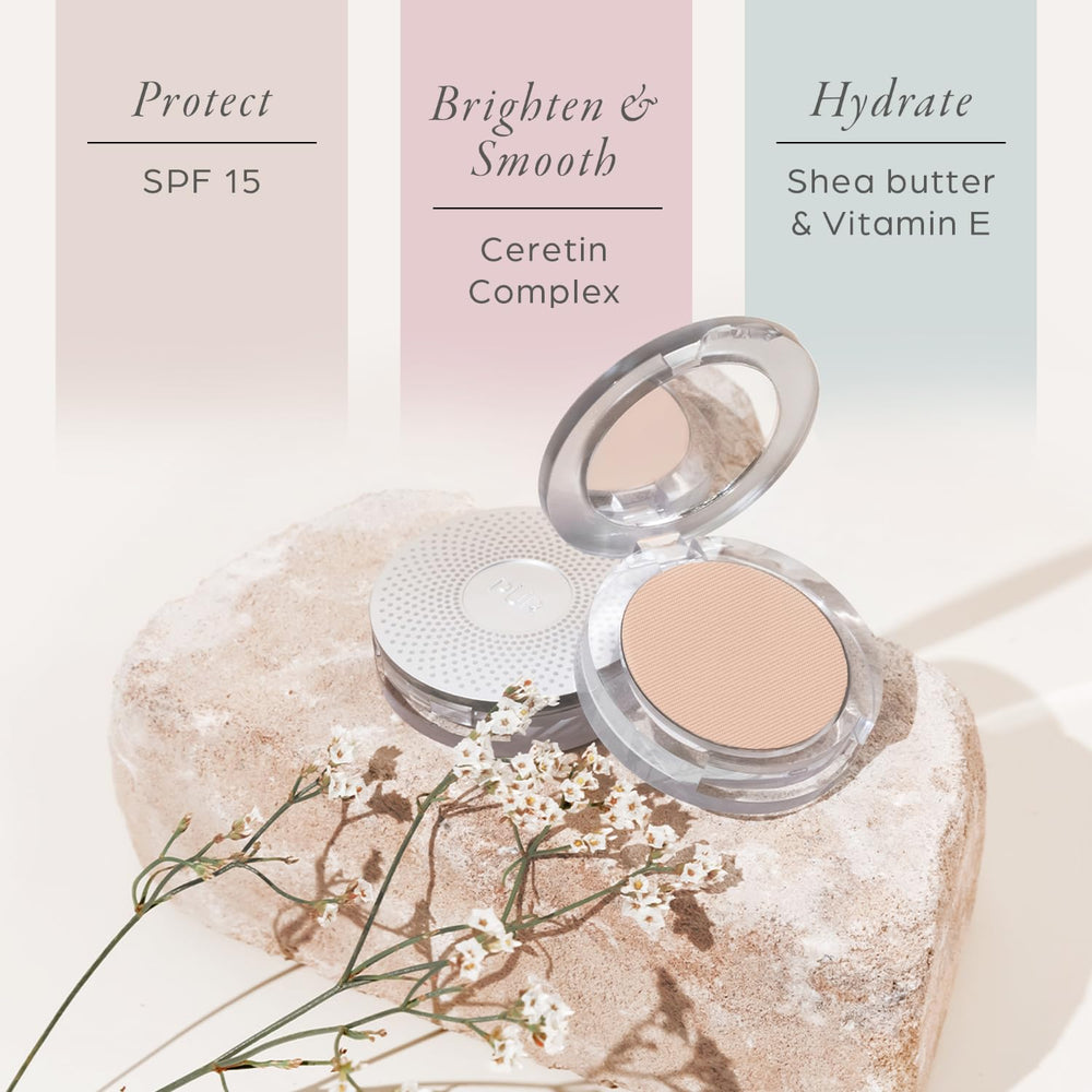 PÜR MINERALS swatch on forearm showing Ivory coverage and skin-evening benefit