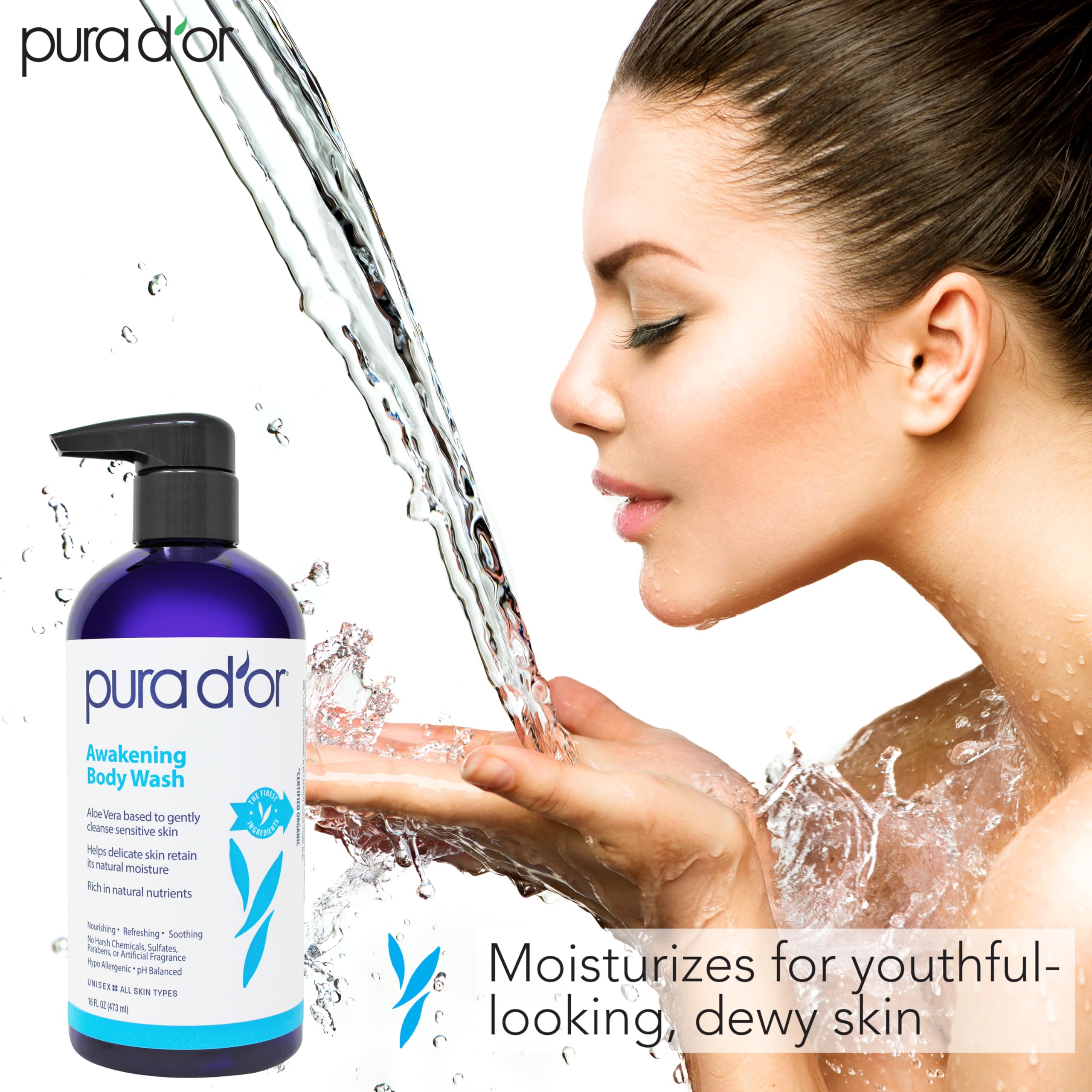 PURA D'OR bottle in shower scene showing refreshing use and daily routine benefit
